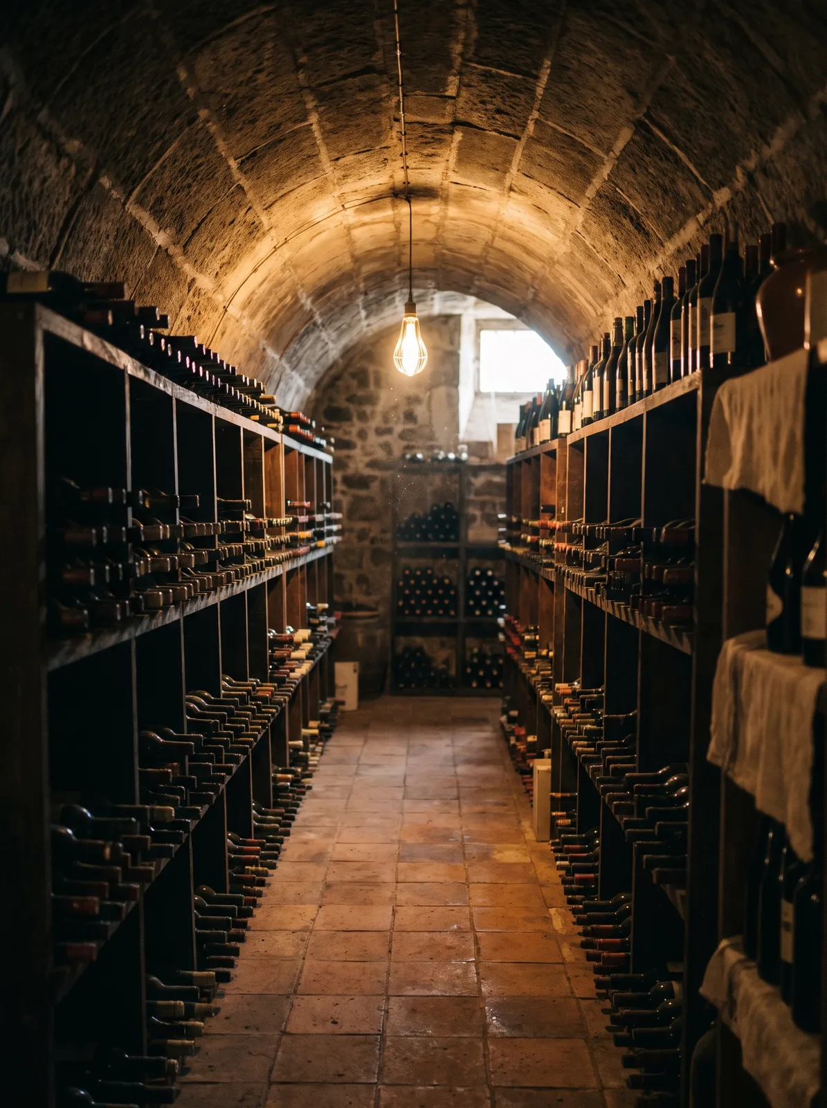 Les casiers de bois d’une cave, bouteilles couchées, une lampe basse au fond de l’allée.