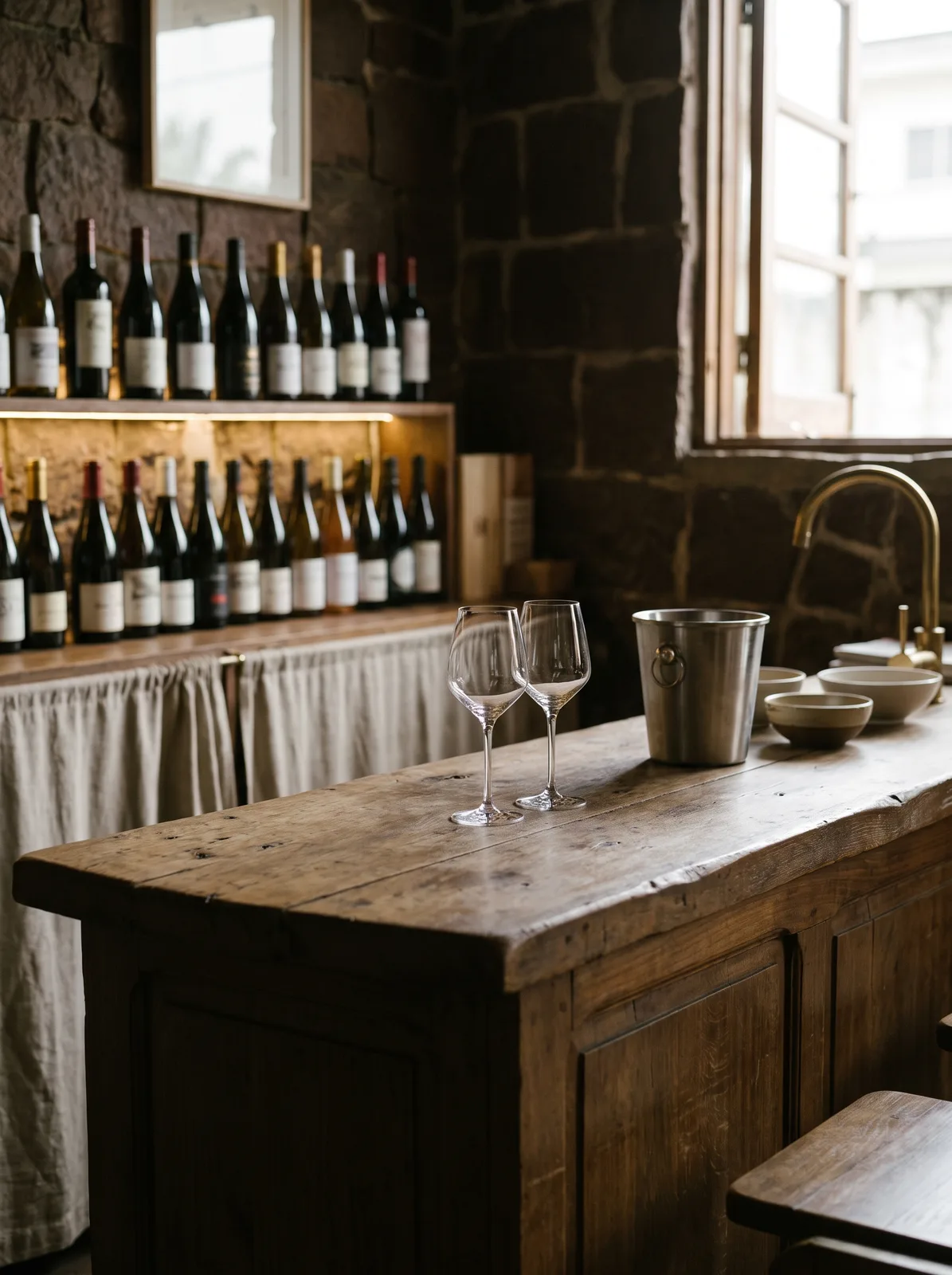 Le comptoir de la cave, bouteilles alignées sur une étagère de bois sombre.